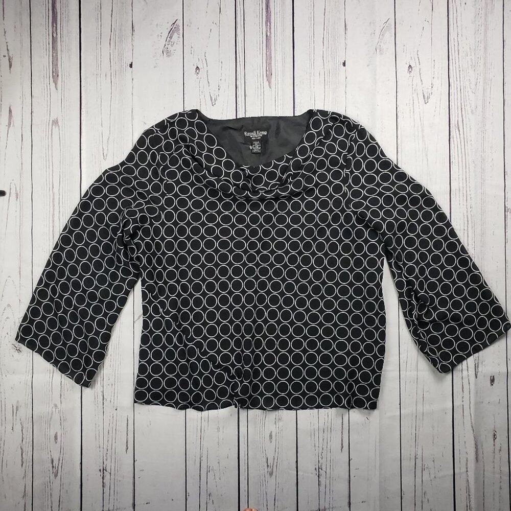 Russell Kemp Woman Black White Circle Print Sheer Drapey Neck Blouse Size 4X
